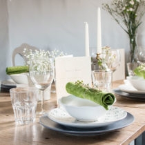 Tallrik, assiett och skål: IKEA.
Servetter och ljus: Duni.
Vimplar och placeringskort: Calligraphen.